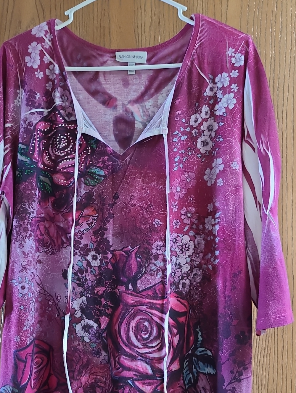 Fashion Bug Magenta Rose Print V-Neck Tunic